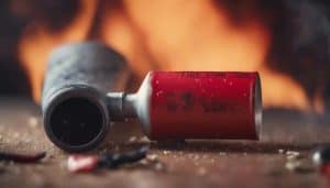 Red shotgun shell on a fiery background with scattered bullet casings.