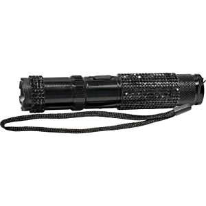 Black flashlight with rhinestone accents and wrist strap, isolated on white background.
