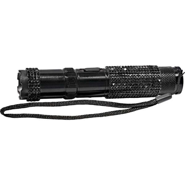 Black flashlight with rhinestone accents and wrist strap, isolated on white background.