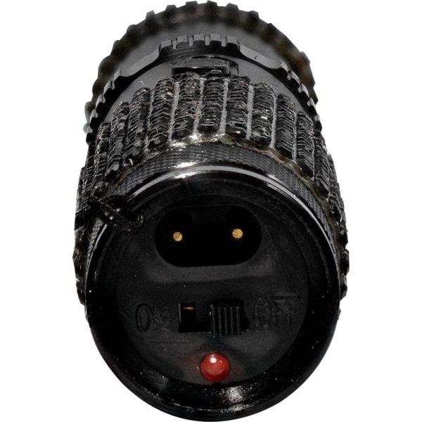 Close-up of a black electrical plug with on/off switch and a textured grip.