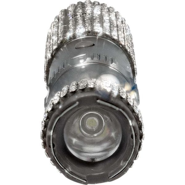 LED flashlight with a jeweled grip, designed for elegance and functionality in low-light conditions.