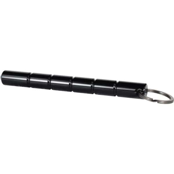 Black kubotan self-defense keychain with ridged grip and metal ring attachment.
