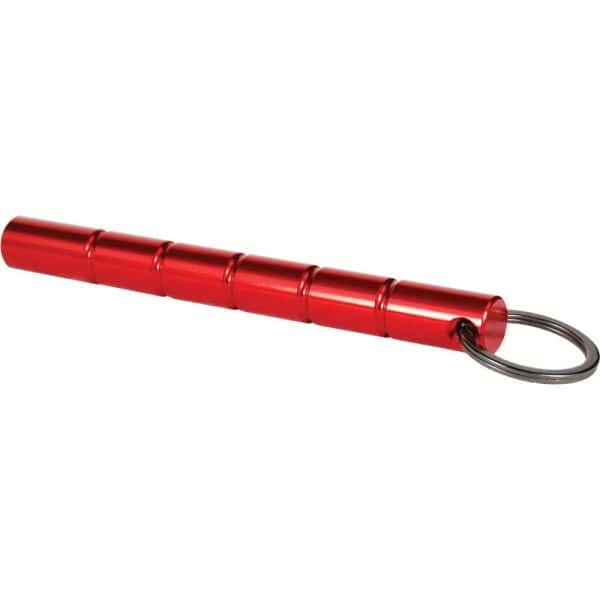 Red aluminum self-defense keychain with ring, baton-shaped.