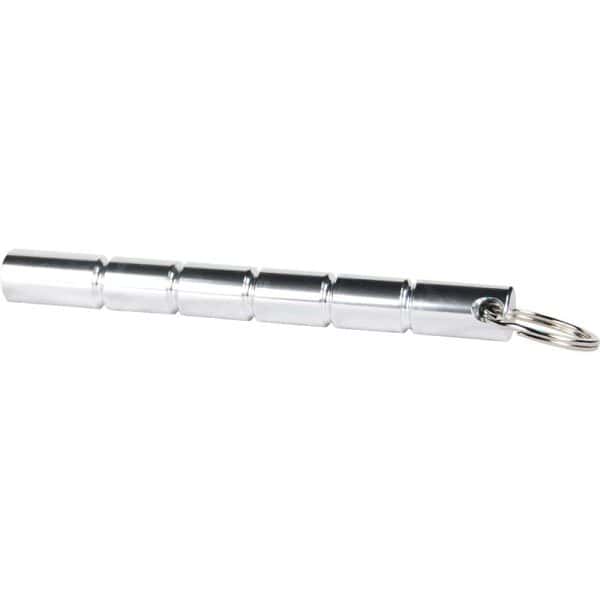 Sleek silver metal kubotan keychain for self-defense with a ring attachment against a white background.