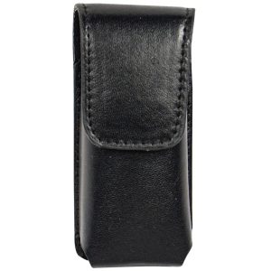 Black leather clip-on phone pouch with flap closure, ideal for secure and stylish phone storage.