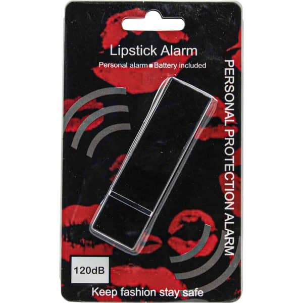 Lipstick personal alarm packaging with 120dB sound, black and red design, and Keep fashion stay safe slogan.