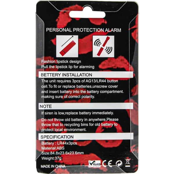 Lipstick-shaped personal protection alarm packaging with battery installation instructions and specifications.