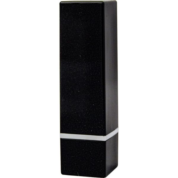Sleek black lipstick case with a shiny finish and silver detail on a white background.