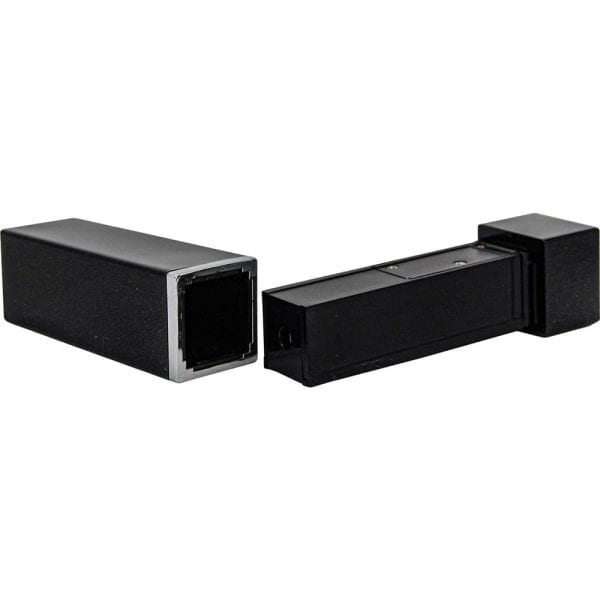 Black RJ45 network coupler with dustproof caps shown in a disassembled state.