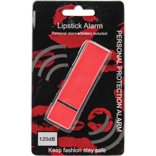 Red lipstick-shaped personal alarm packaging with 120dB sound for personal safety and style. Battery included.