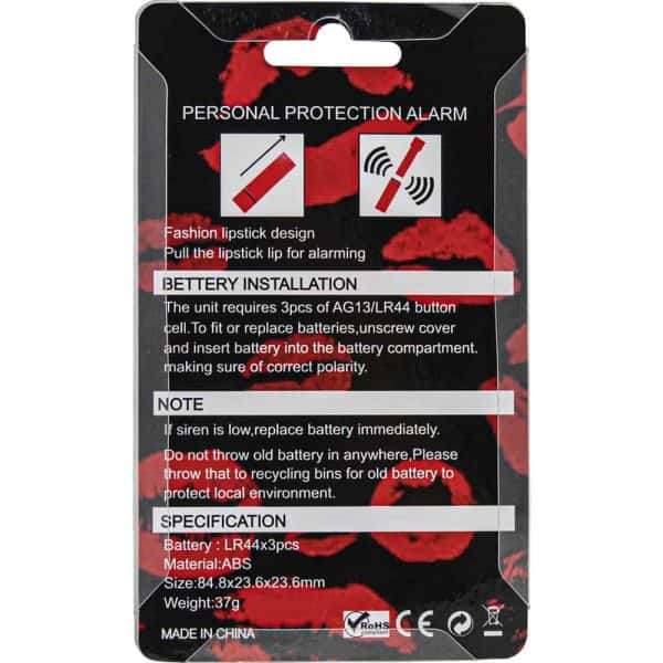 Packaging of a personal protection alarm disguised as lipstick, detailing battery installation and specifications.