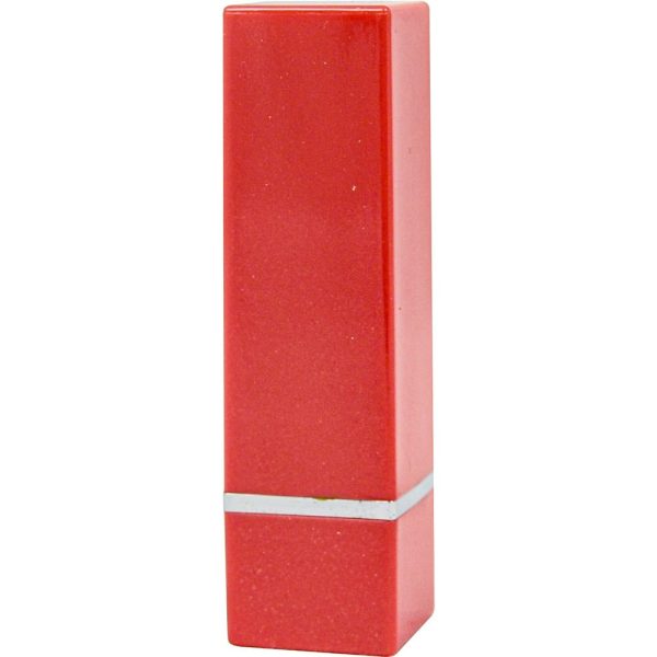 Red rectangular lipstick case with glossy finish, standing upright against white background.