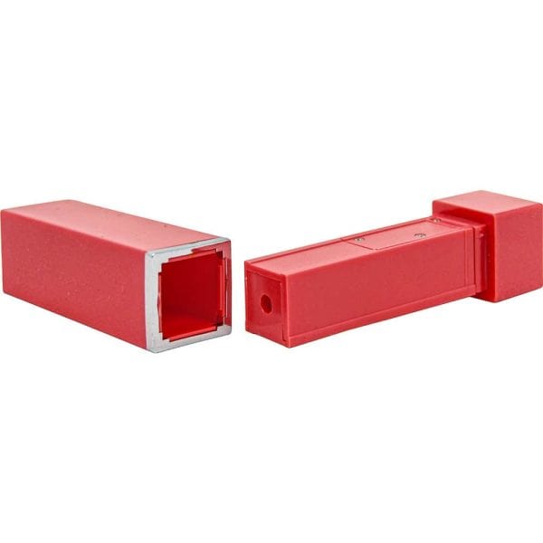 Red network cable protector cover, separated into two parts, isolated on white background.