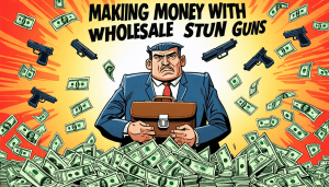 Cartoon of a businessman holding a briefcase, surrounded by money and the text Making Money with Wholesale Stun Guns.
