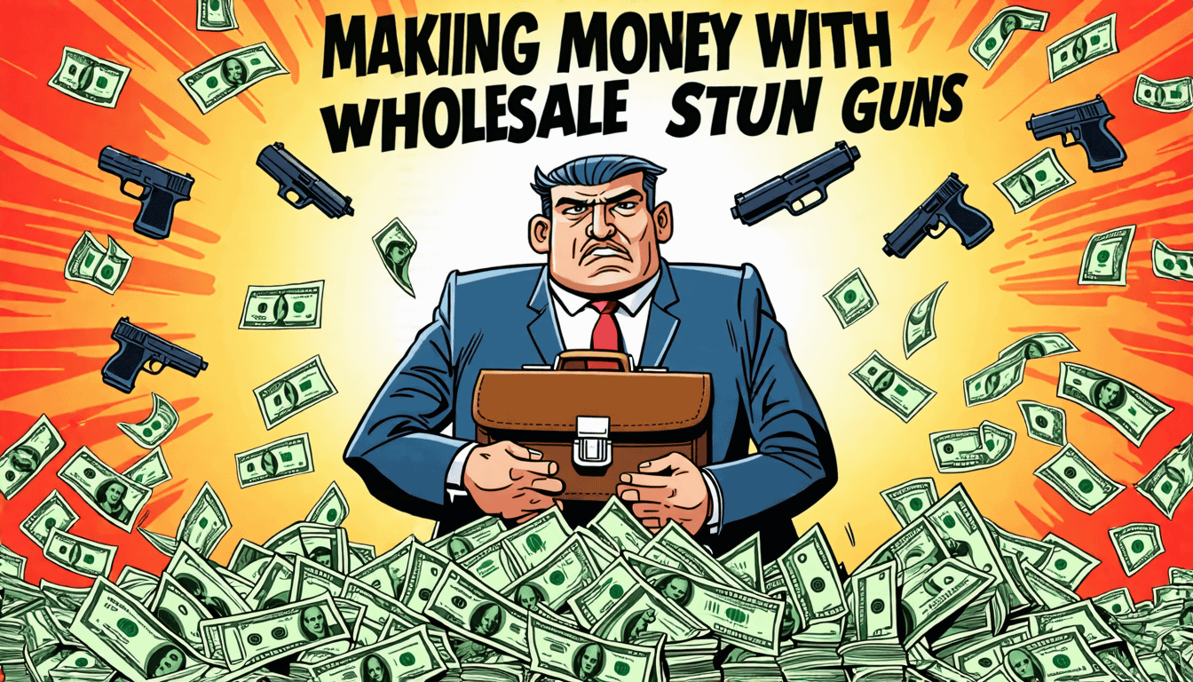 Cartoon of a businessman holding a briefcase, surrounded by money and the text Making Money with Wholesale Stun Guns.