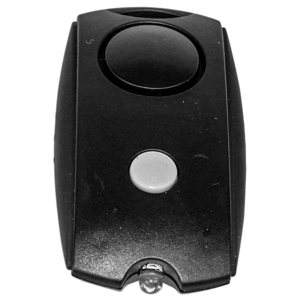 Handheld black flashlight with round button for easy operation. Compact size suitable for portable use.