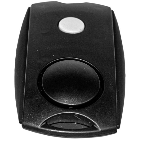 Black car key fob with two buttons, one large and one small, isolated on a white background.
