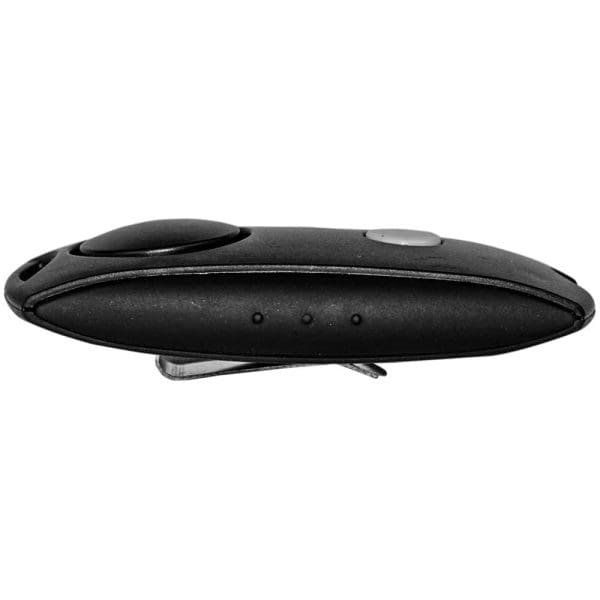 Sleek black wireless presentation remote with ergonomic design, side buttons, and USB connectivity.