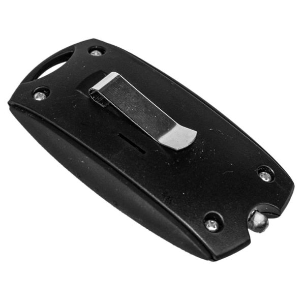Black pocket knife with belt clip, closed position, on white background.