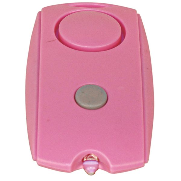 Pink personal alarm device with a button and keychain loop for safety and security.