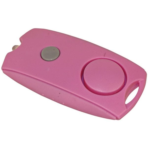 Pink personal alarm device with buttons, compact design for easy carrying and personal safety.