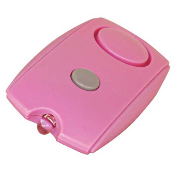 Pink personal safety alarm with LED light, compact and portable for emergency situations.