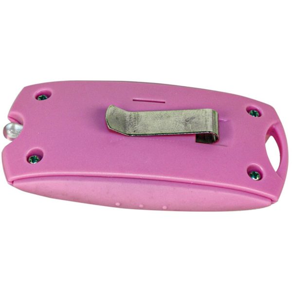 Pink handheld flashlight with metal clip, compact and easy for travel or emergency use.