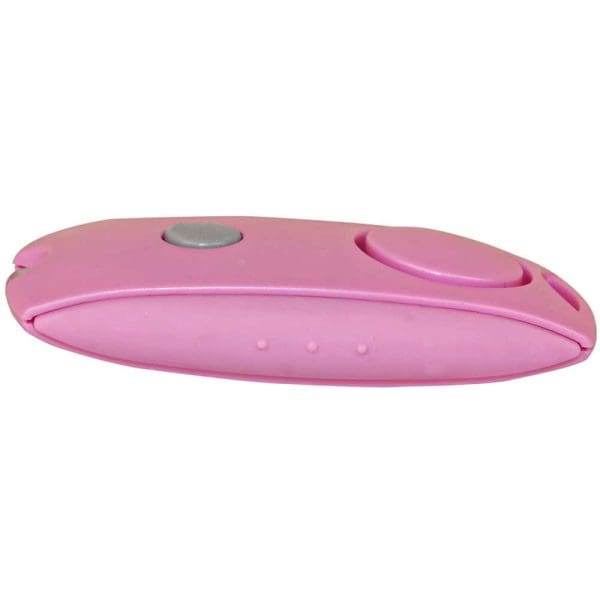 Pink safety alarm device with compact design and silver button for personal security.
