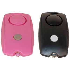 Pink and black personal safety alarms with keychain LED lights for self-defense.