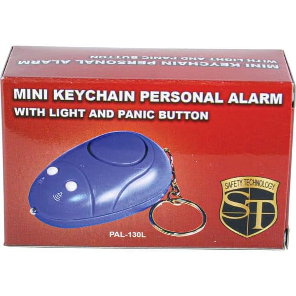 Red box containing a mini keychain personal alarm with light and panic button for safety.