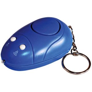 Blue oval keychain remote control, featuring buttons and a chain link.