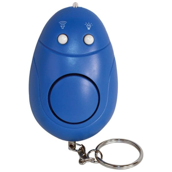 Blue personal alarm keychain with LED flashlight and siren buttons for safety and security.