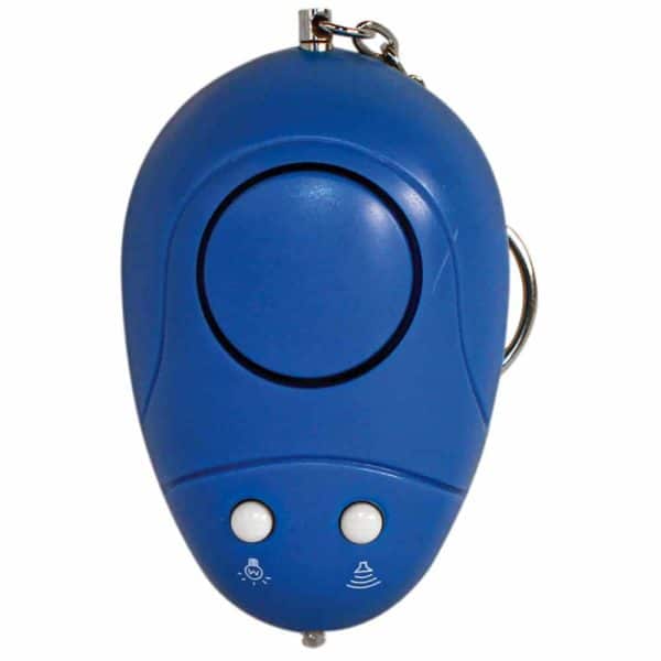 Blue personal alarm keychain with buttons for safety and self-defense, ideal for personal security and protection.