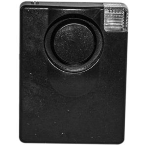 Black rectangular personal alarm with a round button and clear plastic edge.