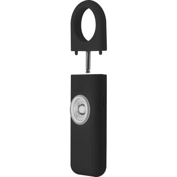 Black portable electronic device with a circular component, top section detached, ideal for travel or easy storage.