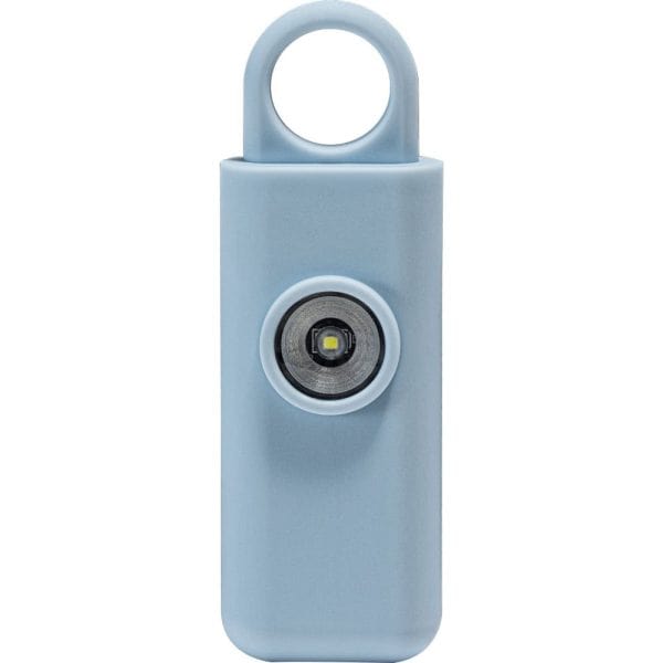 Blue compact USB rechargeable keychain flashlight with loop handle, ideal for portable illumination.