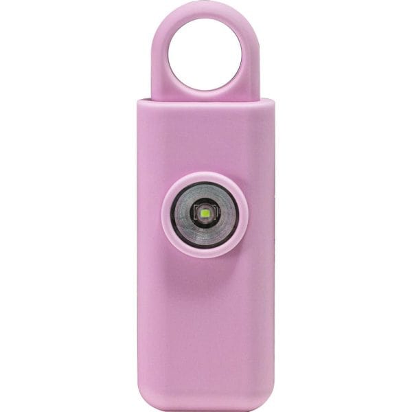 Pink personal alarm for safety and self-defense with keyring attachment, front view.