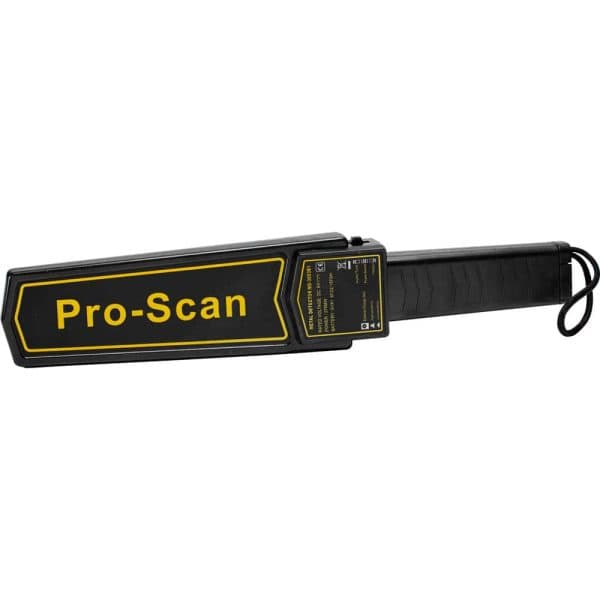 Handheld metal detector labeled Pro-Scan with black and yellow design for security screening.