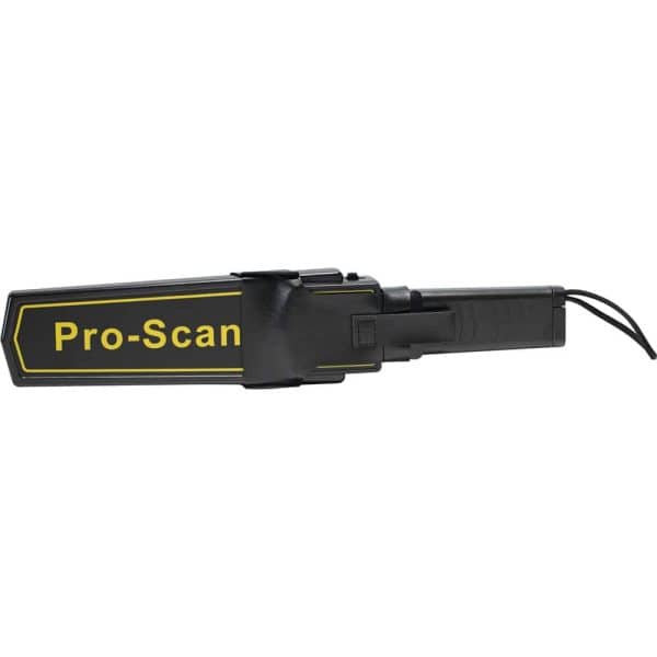 Handheld metal detector labeled Pro-Scan in black and yellow design, used for security screening.
