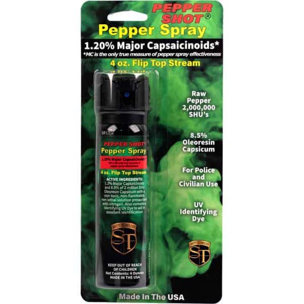 Pepper Shot pepper spray featuring 1.20% Capsaicinoids, flip top, and UV dye for police and civilian use.