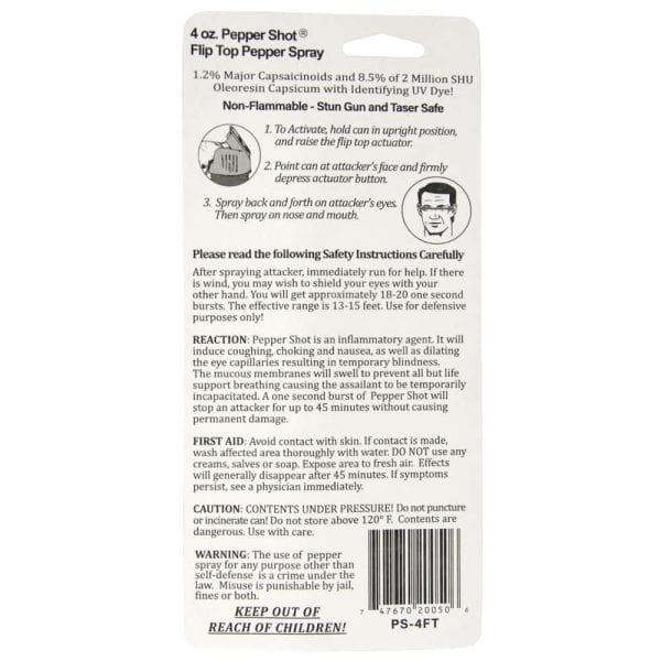 Back of Pepper Shot pepper spray packaging with usage instructions, safety warnings, and product details.