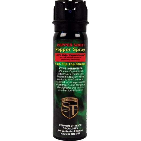 Pepper Shot 4 oz pepper spray with 1.2% major capsaicinoids, flip top stream, and UV dye for assailant identification.