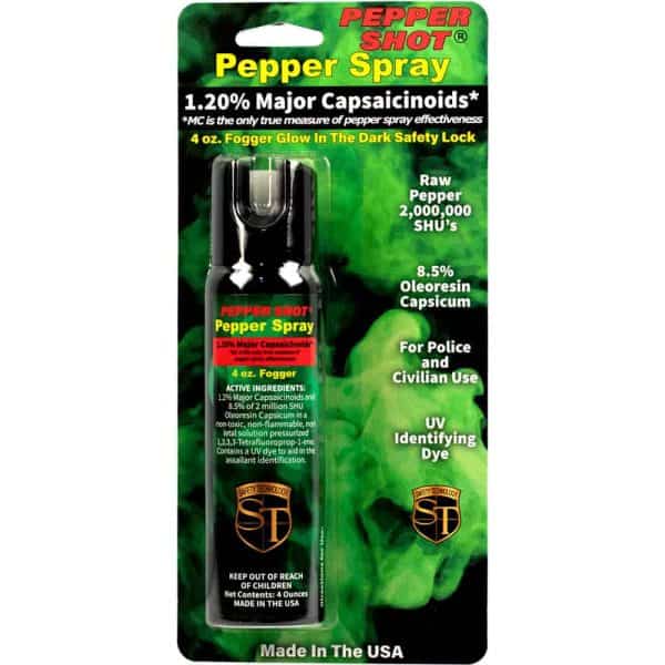 Pepper Shot pepper spray, 1.20% capsaicinoids, 4 oz, glow-in-the-dark safety lock, for police and civilian use.