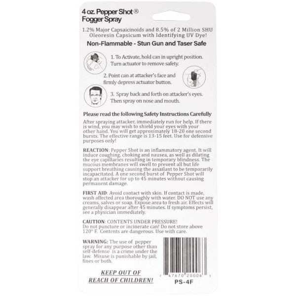 Back of Pepper Shot fogger spray package with usage instructions, safety warnings, and first aid information.