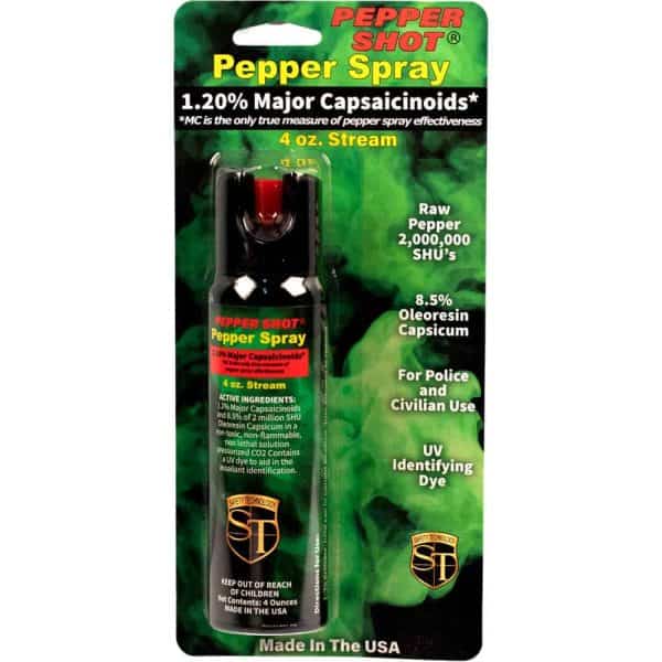 Pepper Shot Pepper Spray, 1.20% Major Capsaicinoids, 4 oz, for police and civilian use, UV identifying dye, USA made.