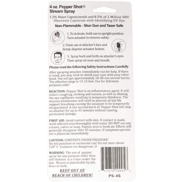 Back of 4 oz. Pepper Shot, detailing usage, safety instructions, and warning labels for defensive self-defense spray.