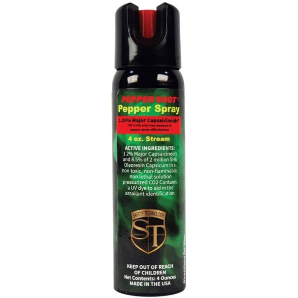 Pepper Shot pepper spray canister with 1.2% Major Capsaicinoids, 4 oz, for personal safety. Non-toxic and non-flammable.