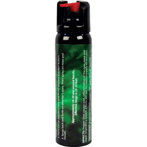 Black pepper spray can with red trigger, safety instructions labeled; effective self-defense tool.