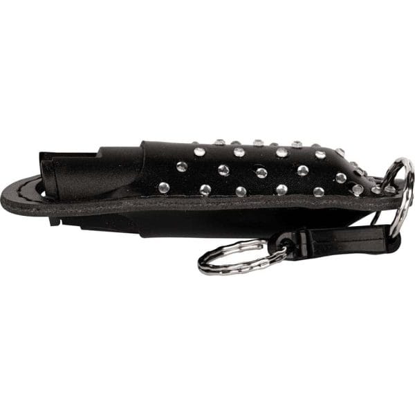 Black leather holder with silver studs and keychain attachment, perfect for secure storage of small tools or accessories.