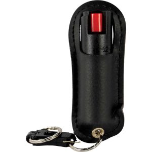 Black pepper spray in a leather case with a keychain attachment for personal safety.